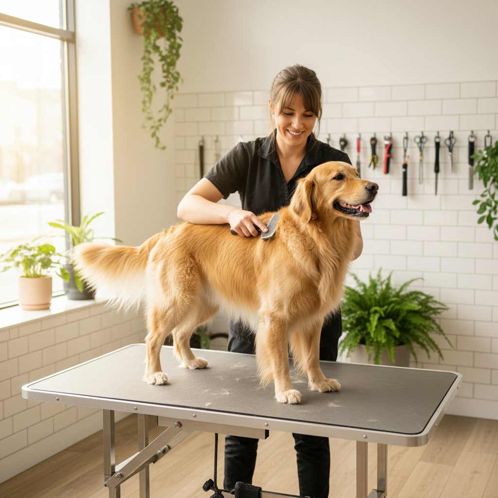 Professional pet care specialist walking happy dog in London park